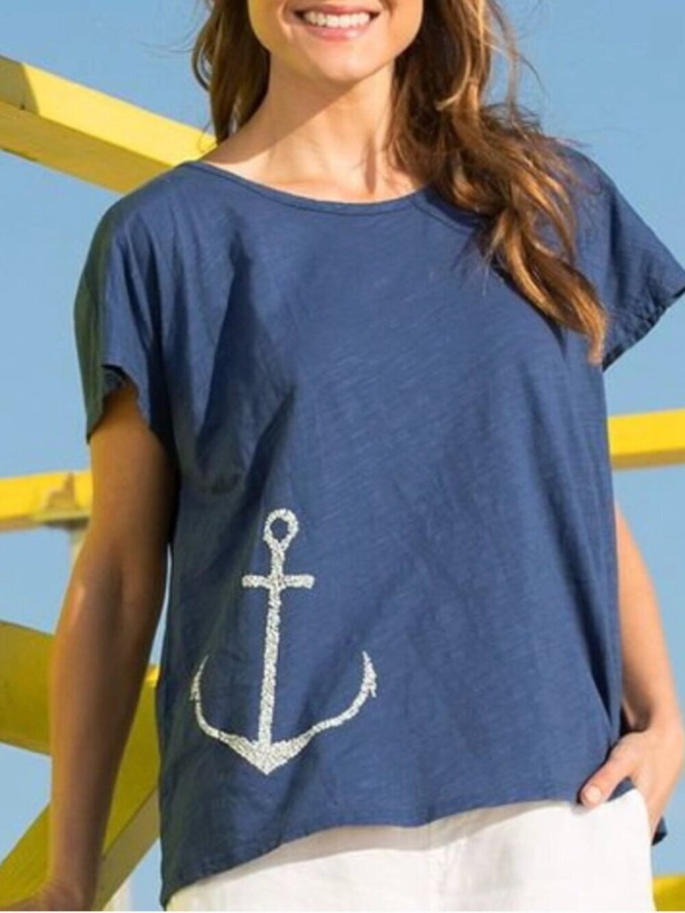 Fresh Produce Navy Moonlight Beaded Pearl Anchor Short Sleeve Top One Size